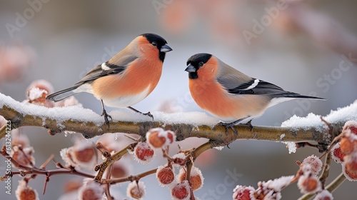 Photographie The bullfinch bird sits on a bunch of red rowan berries, Generative AI
