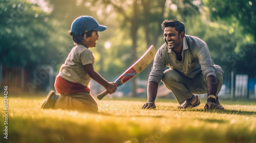 Young Indian Father and Son Having Fun Practicing The Game of Cricket In The Park - Generative AI.