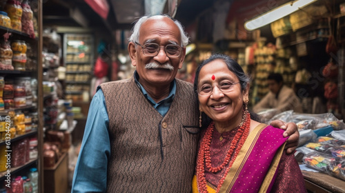 Proud Happy Senior Adult Indian Couple Standing Inside Their Business - Generative AI.