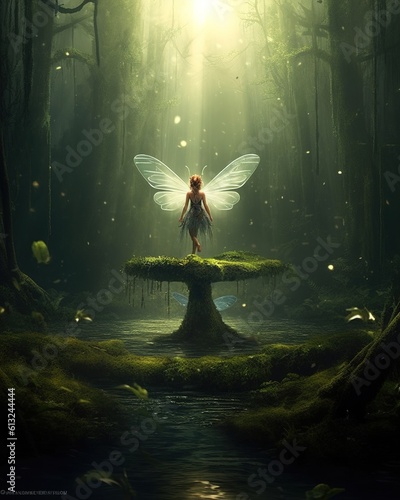 A beautiful fairy of nature, in a fairy forest. Generative AI photo
