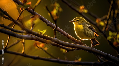 A reed warbler on a branch and looks into the camera, Generative AI