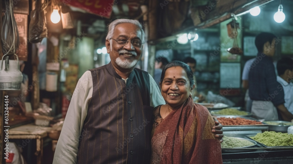 Proud Happy Senior Adult Indian Couple Standing In Their Restaurant - Generative AI.