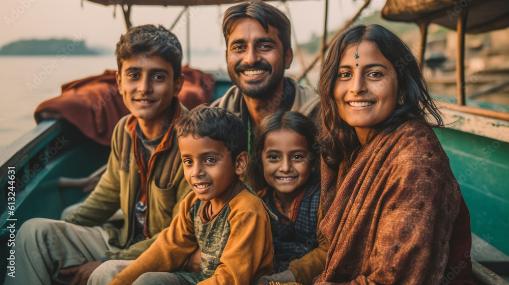 Happy Indian Family Enjoying A Boat Ride In An Indian River - Generative AI. Happy Indian Family Enjoying A Boat Ride In An Indian River - Generative AI.