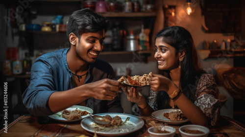 Young Indian Couple Enjoying a Traditional Meal Together - Generative AI.