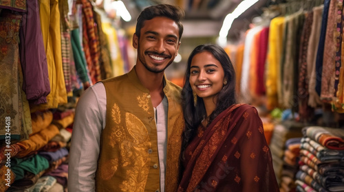Young Adult Happy Indian Couple Standing At The Entrance of Their Textile Business - Generative AI. © Andy Dean