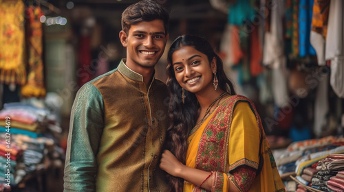 Young Adult Happy Indian Couple Standing At The Entrance of Their Textile Business - Generative AI.