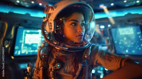 Young Indian Female Astronaut Near Her Control Panels Wearing Her Uniform and Helmet - Generative AI.