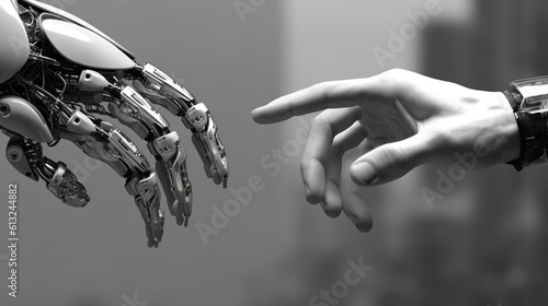 Digital robot handshake human background futuristic digital age robot science digital technology, Generative AI © Irina
