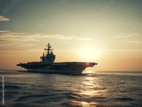 Witness the impressive might of a military aircraft carrier as it gracefully sails across the open sea, symbolizing power, security, and naval prowess.