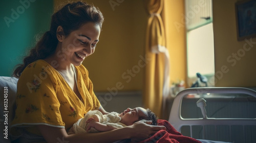 Young Glowing Indian Mother Holding A Newborn Infant Child In The Maternity Ward of The Hospital - Generative AI.