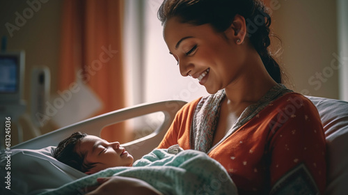 Young Glowing Indian Mother Holding A Newborn Infant Child In The Maternity Ward of The Hospital - Generative AI. photo
