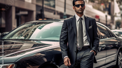 Handsome Indian Man Standing In Front of Luxury Town Car In The City - Generative AI. © Andy Dean