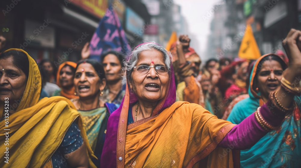 Hundreds Of Senior Adult Indian Women Protest in the Streets of India - Generative AI.