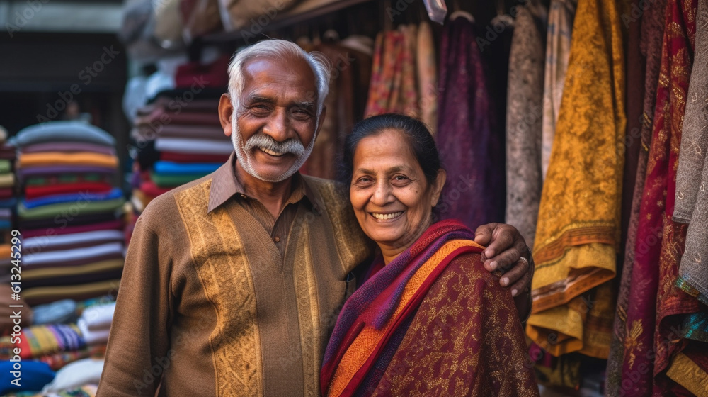 Senior Adult Happy Indian Couple Standing At The Entrance of Their Textile Business - Generative AI.