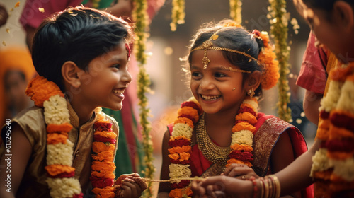 Beautiful Young Indian Children Enjoying Their Traditional Celebration Together - Generative AI. © Andy Dean