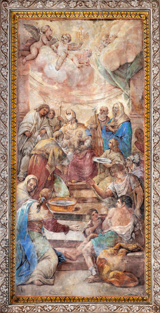 NAPLES, ITALY - APRIL 19, 2023: The fresco Presentation of Jesus in the Temple in the church Chiesa del Gesu Nuovo by Paolo De Matteis  (1662 – 1728).