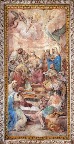 NAPLES, ITALY - APRIL 19, 2023: The fresco Presentation of Jesus in the Temple in the church Chiesa del Gesu Nuovo by Paolo De Matteis (1662 – 1728).