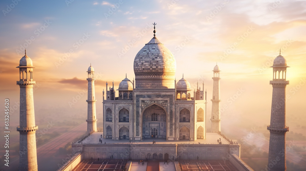 Dramatic Aerial View of the Taj Mahal in India - Generative AI.