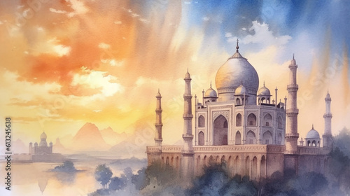 Watercolor Sketch of the Taj Mahal in India - Generative AI.