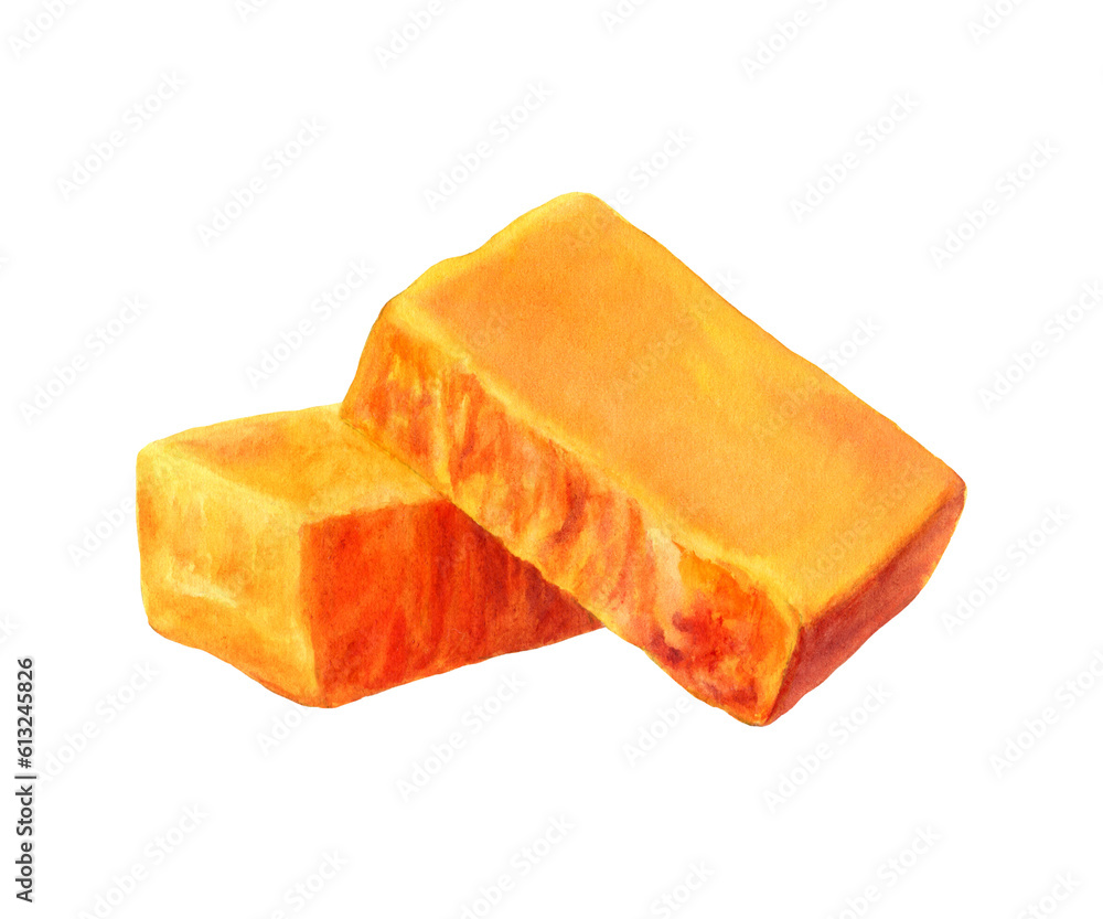 Piece of Cheddar cheese isolated on background. Watercolor illustration. Piece of Cheddar cheese isolated on background. Watercolor illustration.