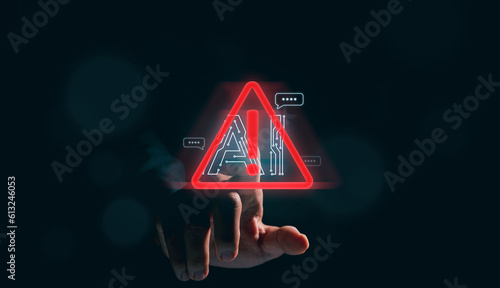 Business man holding digital chatbot Artificial Intelligence (AI) with hacking and warning alert. cyber attack network, spyware or Malicious software. Technology cyber security and cybercrime.
