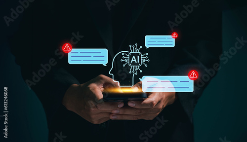 Business man using digital chatbot Artificial Intelligence (AI) with hacking and warning alert. cyber attack network, spyware or Malicious software. Technology cyber security and cybercrime.