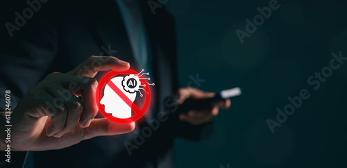 Business man using digital chatbot Artificial Intelligence (AI) with hacking and stop alert. cyber attack network, spyware or Malicious software. Technology cyber security and cybercrime.