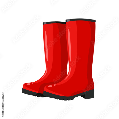 Red cartoon rubber boots, for garden, vegetable garden and autumn rainy weather. On a white background.