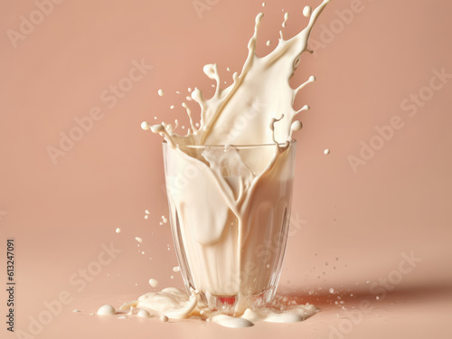 Splashes of milk in a glass on beige background