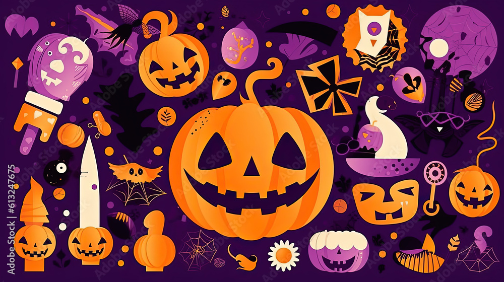 Halloween Objects on Orange - Bold Graphic Design