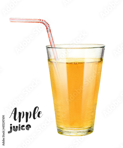 Watercolor apple juice in a glass with a straw isolated on white background. Hand-drawn painting