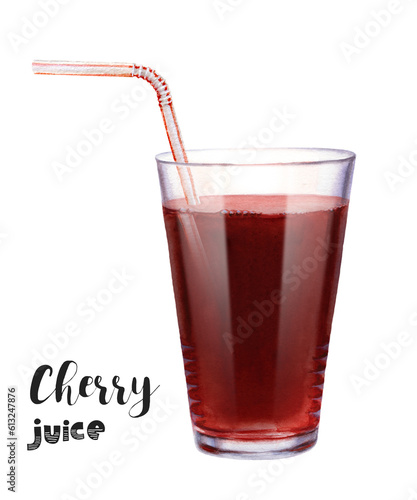 Watercolor cherry juice in a glass with a straw on a white background. Clipping path