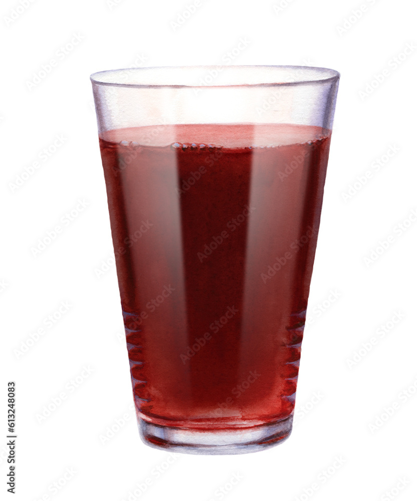 Watercolor cherry juice in a glass with a straw on a white background. Clipping path Watercolor cherry juice in a glass with a straw on a white background. Clipping path