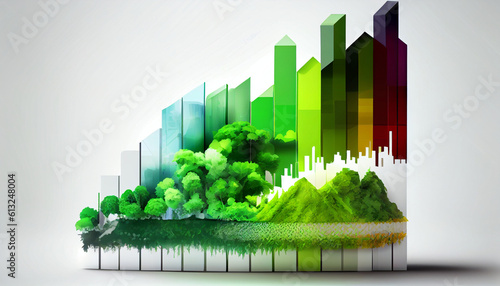 Corporate social and environmental responsibility represented by a bar chart graph with green environmental themes isolated on a white background Ai generated image