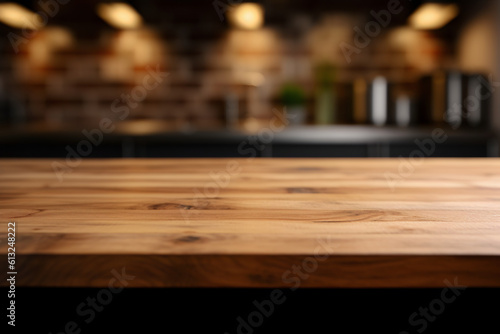 Kitchen Interior With Solid Wood Countertop on Blurred Background for product montage