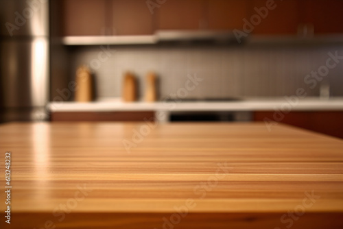 Kitchen Interior With Solid Wood Countertop on Blurred Background for product montage © Michael