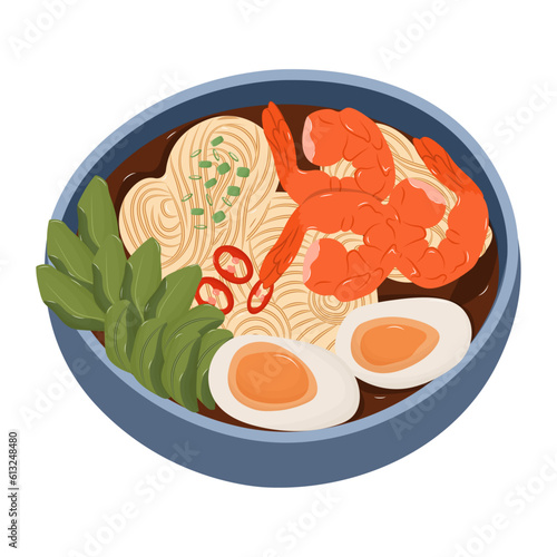 Ramen japanese wheat noodle dish flat vector cartoon style isolated on white background