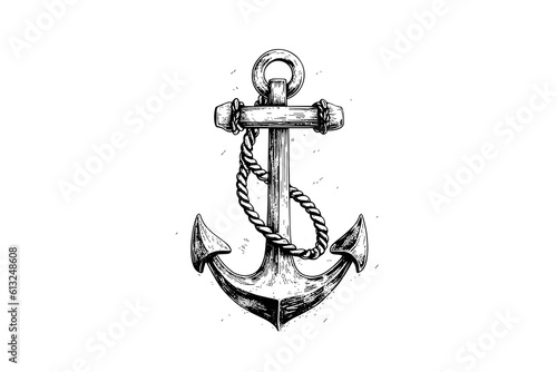 Ship sea anchor and rope in vintage engraving style. Sketch hand drawn vector illustration