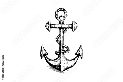 Ship sea anchor and rope in vintage engraving style. Sketch hand drawn vector illustration