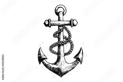 Ship sea anchor and rope in vintage engraving style. Sketch hand drawn vector illustration