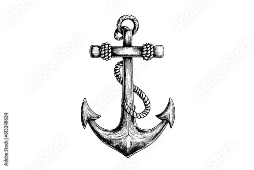Vászonkép Ship sea anchor and rope in vintage engraving style