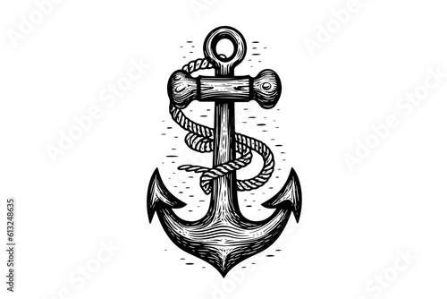 Ship sea anchor and rope in vintage engraving style. Sketch hand drawn vector illustration