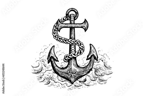 Ship sea anchor and rope in vintage engraving style. Sketch hand drawn vector illustration
