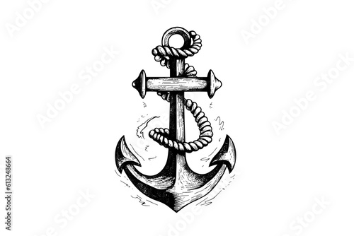 Ship sea anchor and rope in vintage engraving style. Sketch hand drawn vector illustration