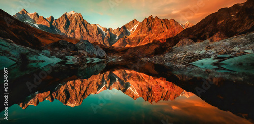 a mountain range reflected in water