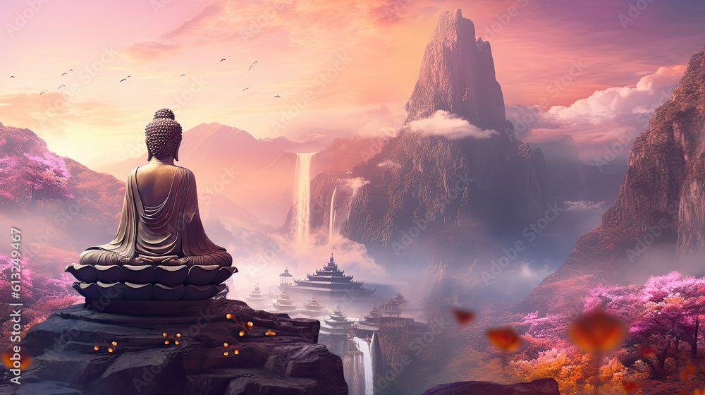 Buddha Statue in Front of a Mountain Landscape