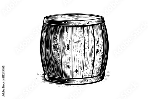 Wood barrel. Hand drawn sketch engraving style vector illustrations