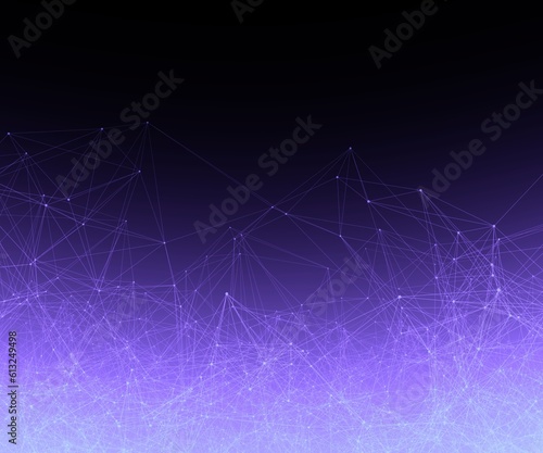 Purple blue gradient square web banner background. Fantasy abstract technology, engineering and science wallpaper with particles and plexus connected lines. Wireframe 3D illustration and copy space