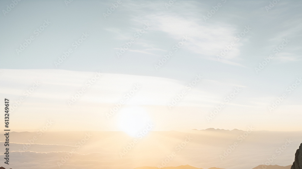 Beautiful panorama of orange and yellow cloudscapes at sunrise/sunset on a blue sky. Generative AI.