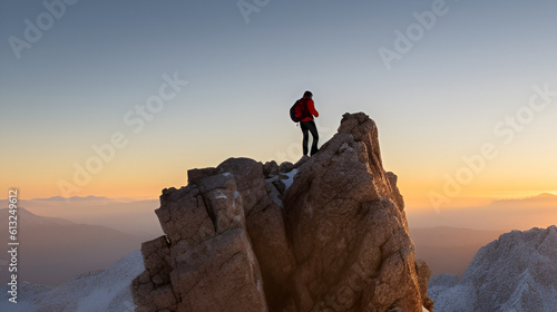 Tourist man hiker on top of the mountain. Active life concept. Generative AI.